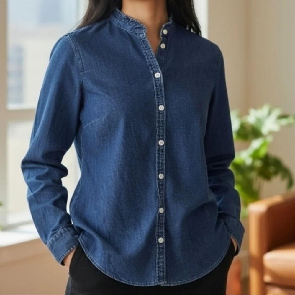 J. CREW | 100% COTTON DENIM RUFFLE NECK BUTTON DOWN BOYFRIEND SHIRT
